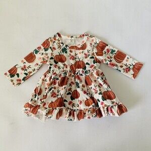 Shein Pumpkin Dress Baby Girl 3-6 Months White Orange Long Sleeve Ruffle Holiday